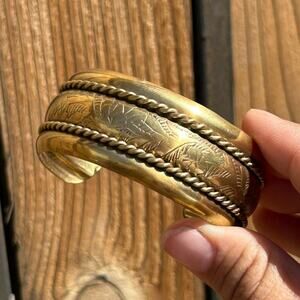Vintage Brass Cuff Bracelet bohemian or ethnic aesthetic embossed floral design